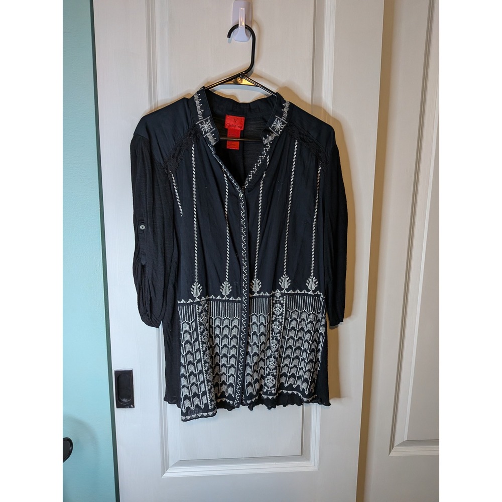 Cristina V Black Embroidered Button Down Tunic Top Lace Trim Roll Tab Sleeve L